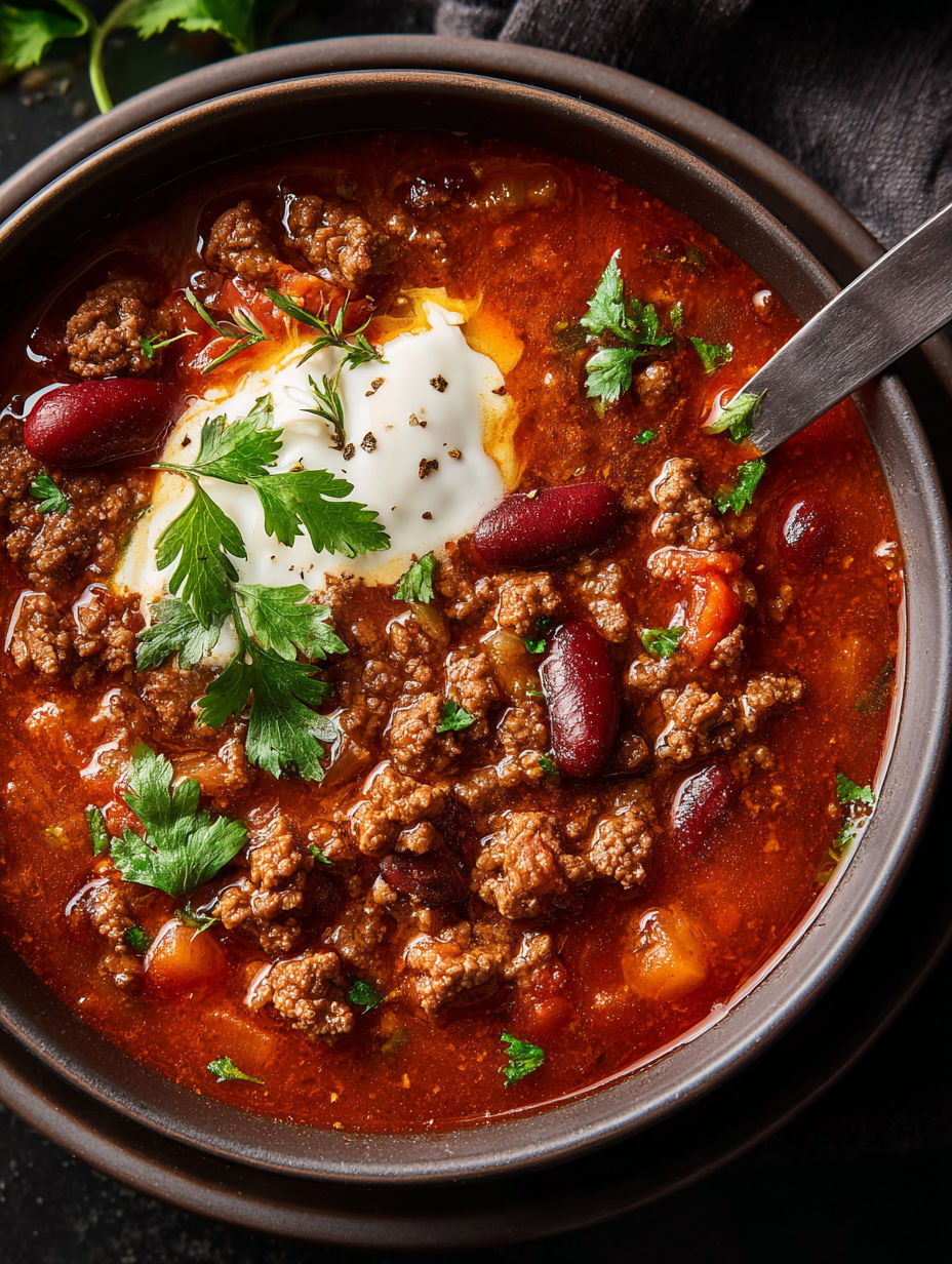 Eine Schüssel Chili-Rinderhack-Suppe.