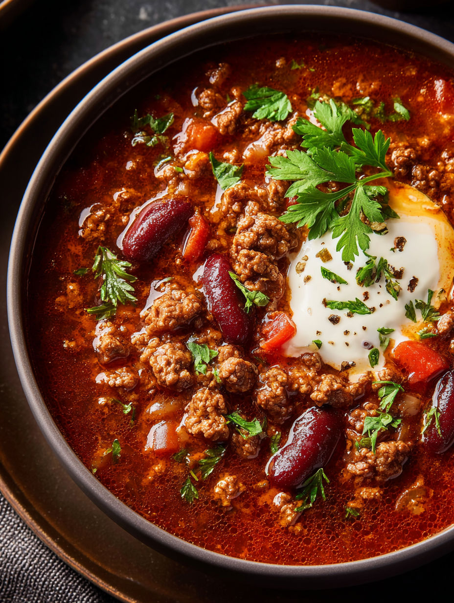 Eine Schüssel würzige Hackfleischsuppe im Chili-Stil.