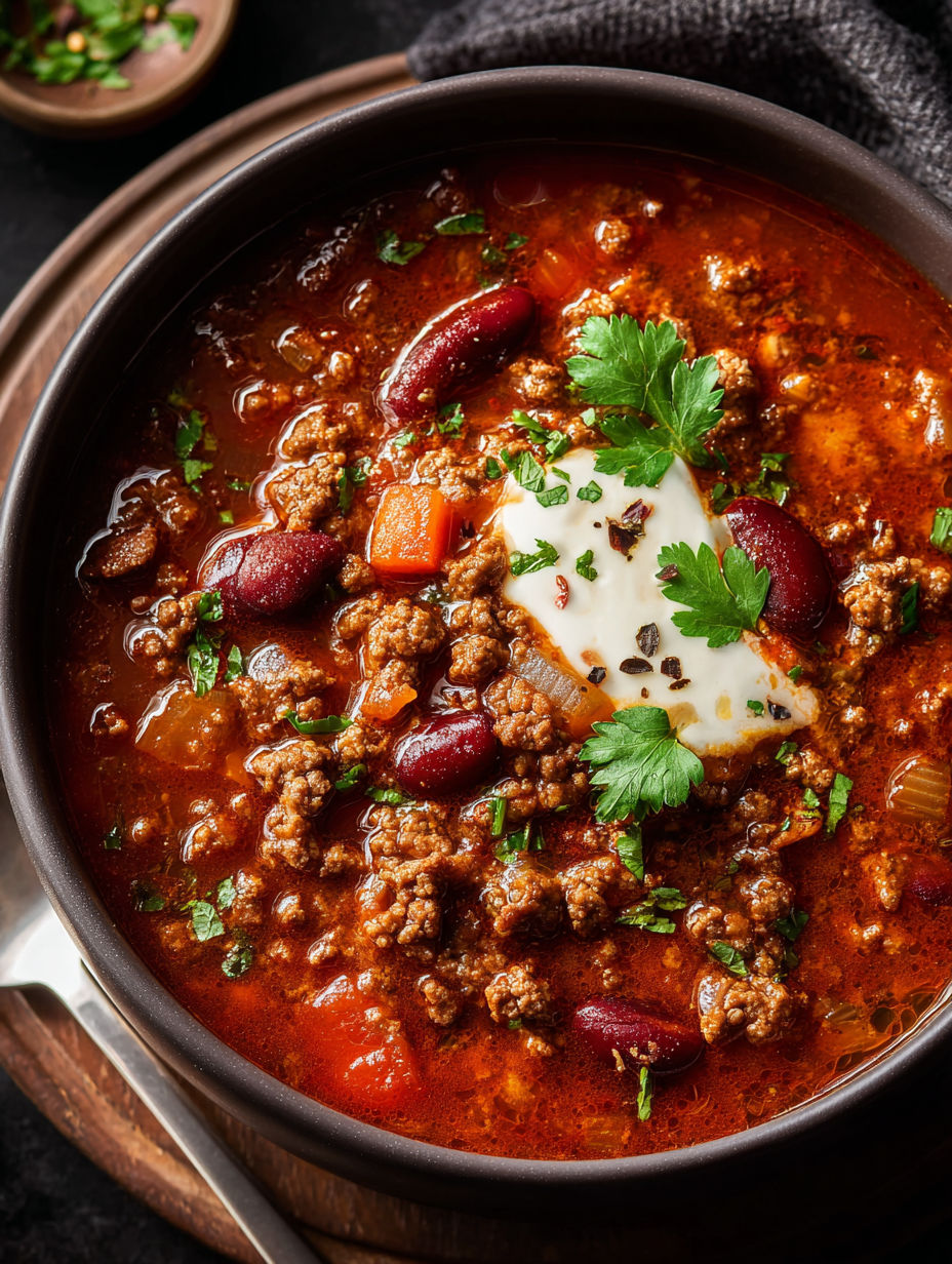 Eine Schüssel Chili-Hackfleischsuppe mit einem Klecks Sauerrahm oben drauf.