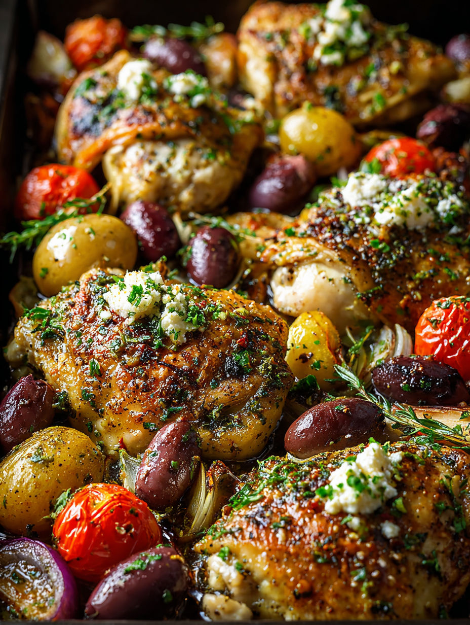 Ofenhähnchen mit griechischem Touch, dazu buntes Gemüse und Kräuter.