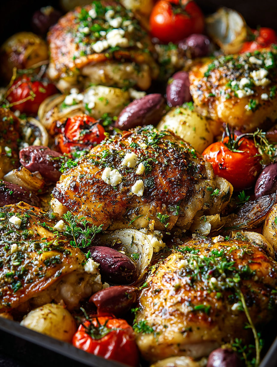 Nahaufnahme von griechisch inspiriertem Ofenhähnchen.