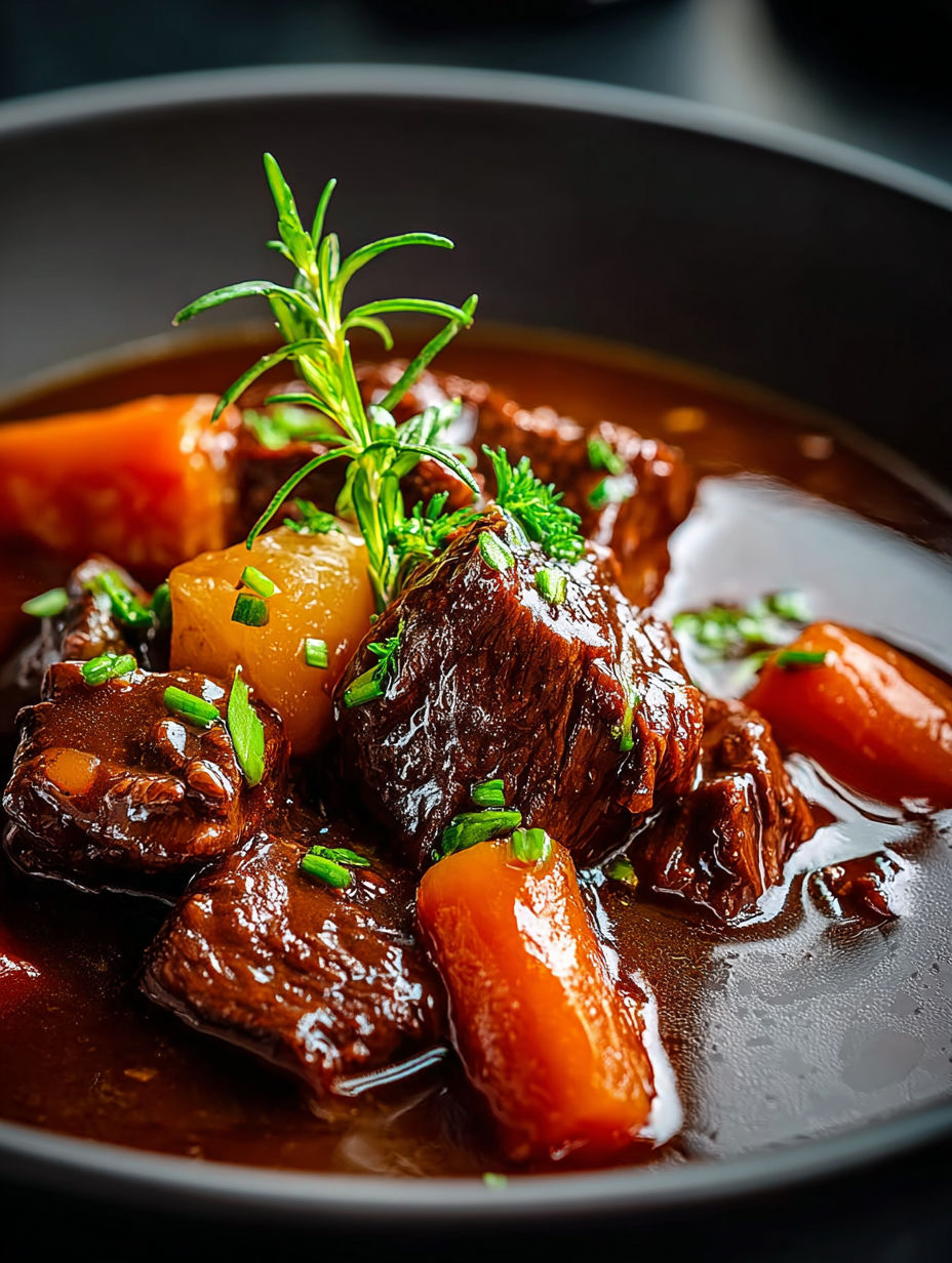 Französisches Rindsgulasch mit Möhren und Petersilie.