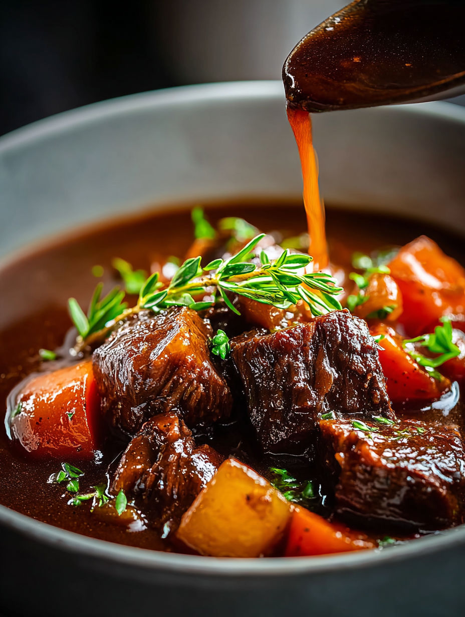 Eine Schale französischer Rinderschmortopf, in die gerade eine Kelle gegossen wird.