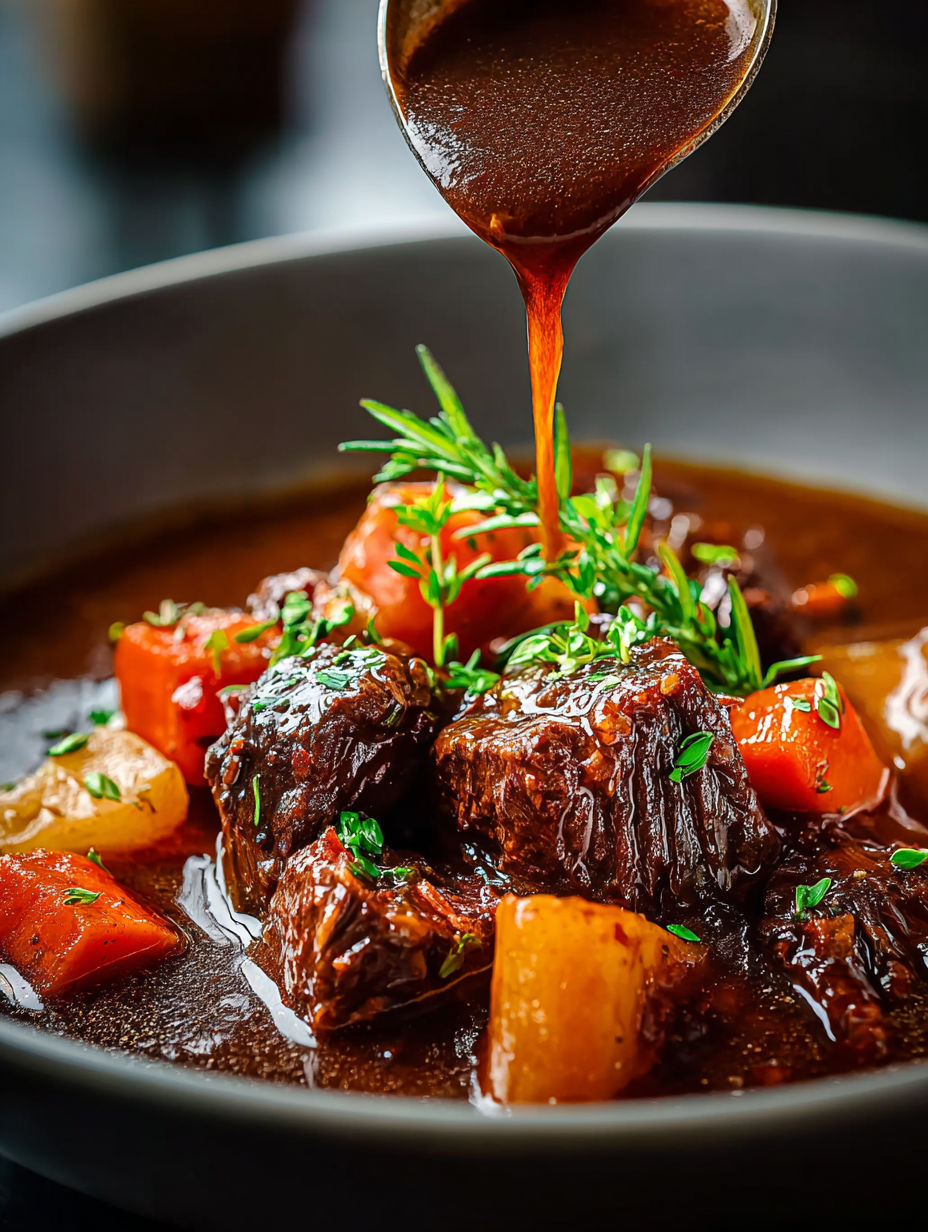 Französischer Rinderschmortopf mit einem Löffel Sauce darüber.