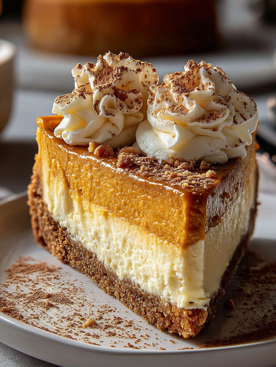 Ein Stück Kürbis Cheesecake mit Sahne obendrauf