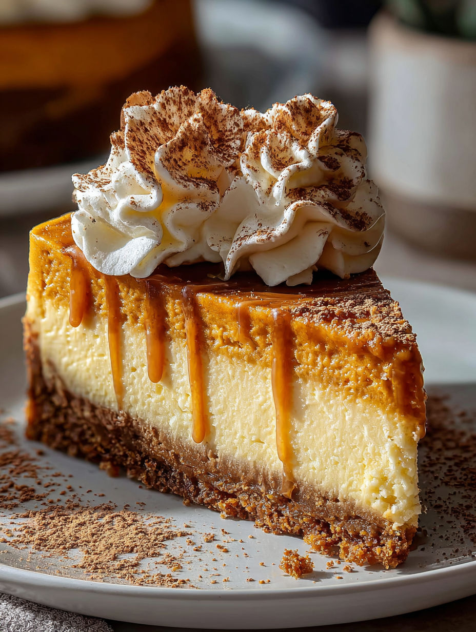 Ein Stück Kürbis-Käsekuchen mit Sahne obendrauf.