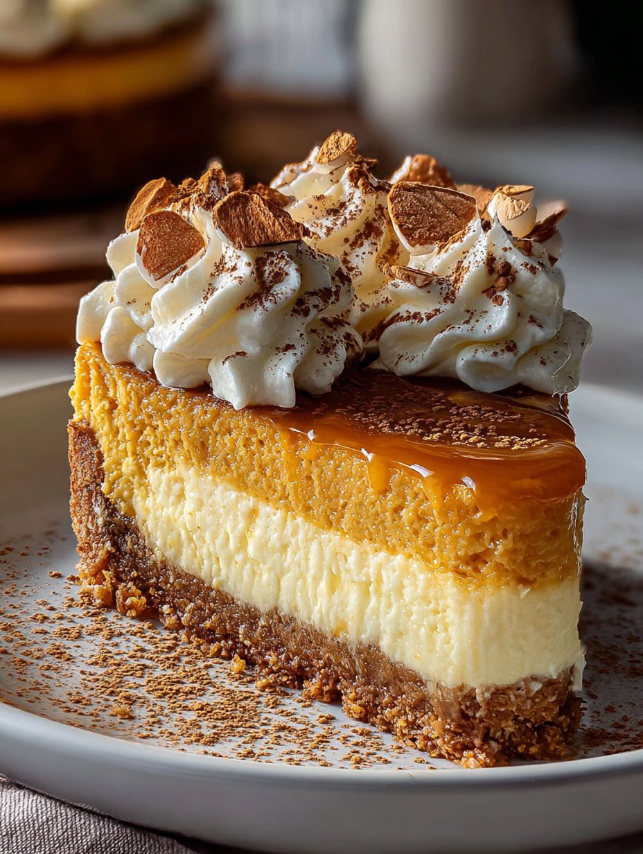 Ein Stück Kürbis-Käsekuchen mit Sahne obendrauf.