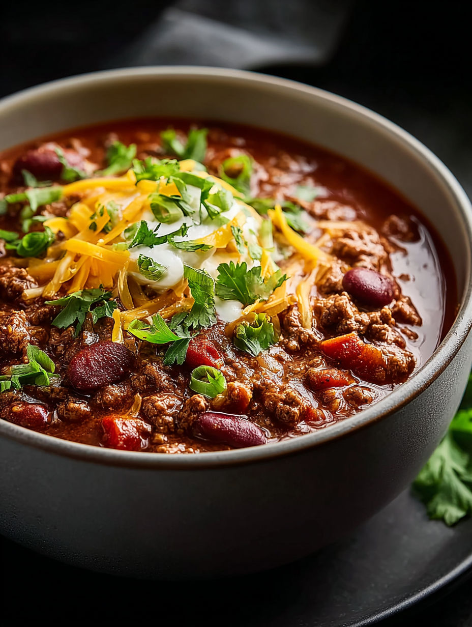 Eine Schale Chili mit Käse und Schnittlauch als Topping.