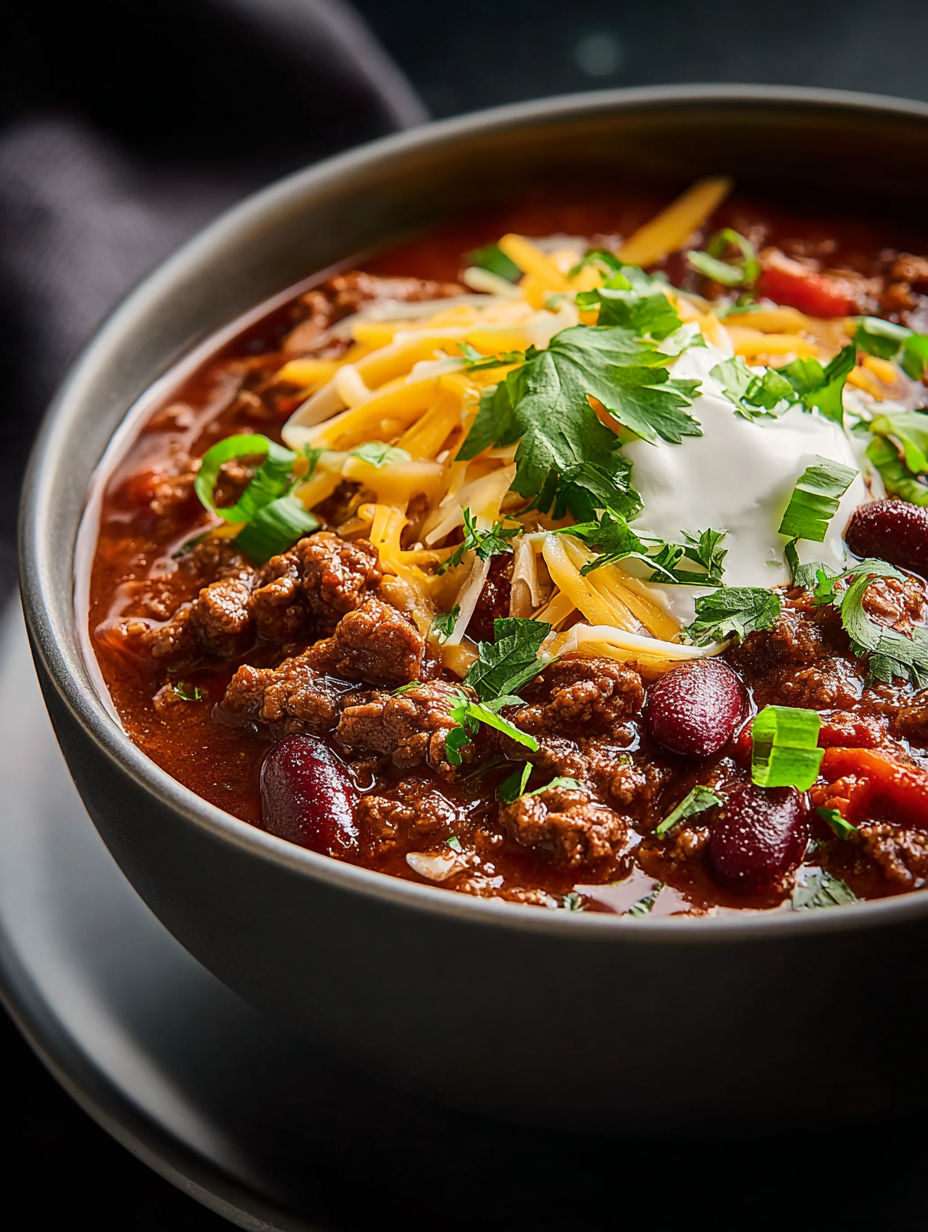 Eine Schale Chili mit Käse und weißen Zwiebeln.