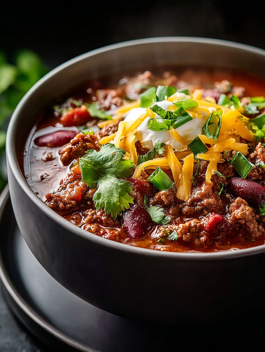 Eine Schale Chili mit Käse und Frühlingszwiebeln.