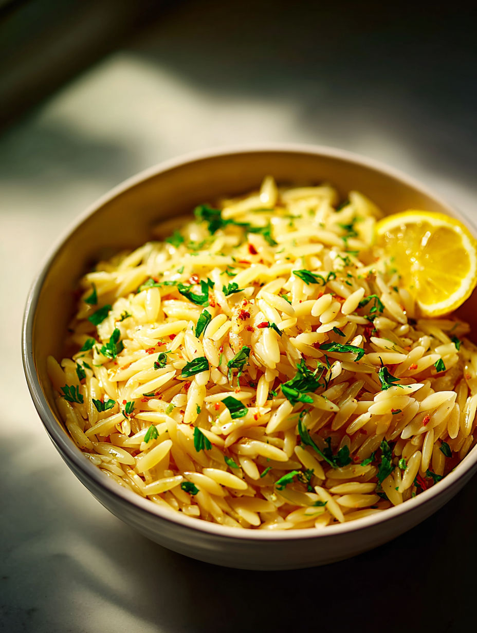 Eine Schüssel Pasta mit Zitrone und Kräutern.