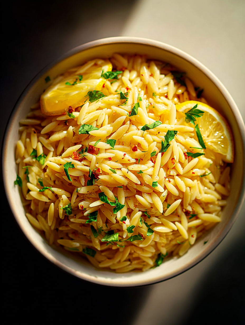 Eine Schüssel Pasta mit Zitrone und Kräutern.