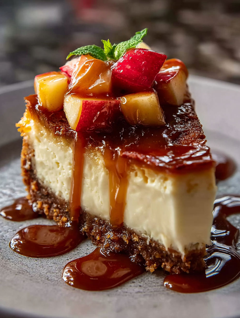 Ein Stück Karamell-Apfel-Cheesecake.