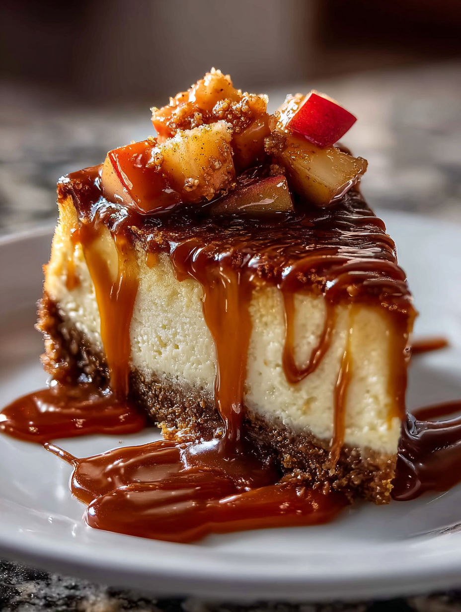 Ein Stück Karamell-Apfel-Cheesecake.