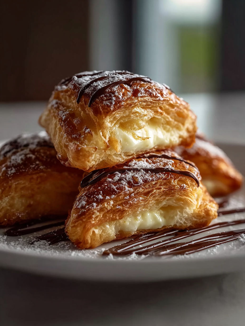 Ein Teller mit Blätterteigtaschen und Frischkäsefüllung.