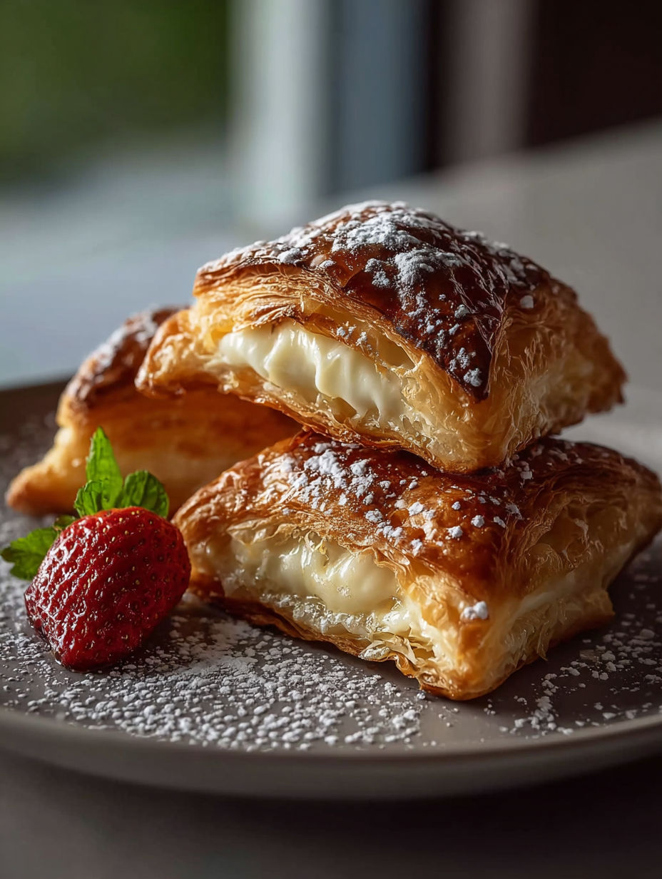 Zwei Frischkäsetaschen mit Puderzucker auf einem Teller.