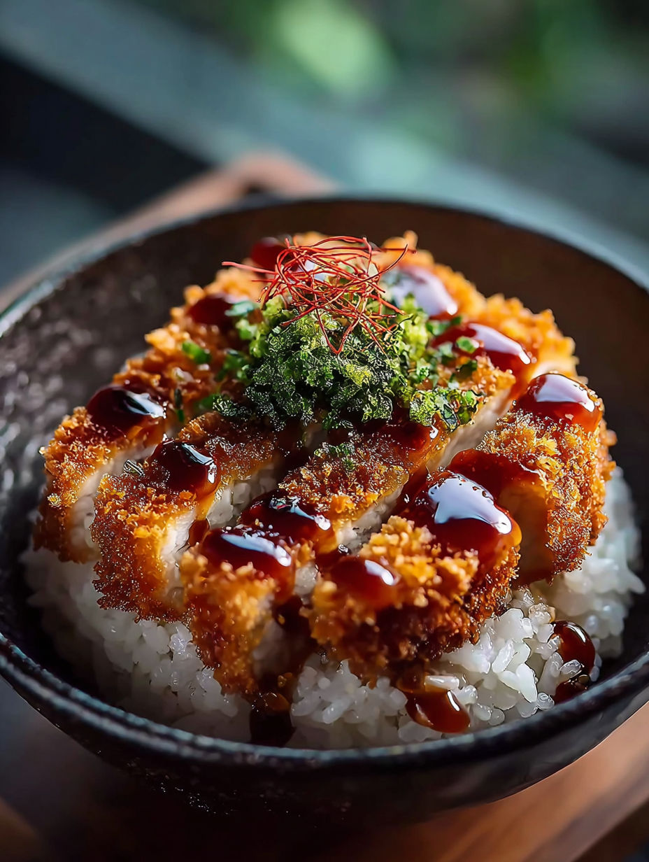 Eine Schüssel mit Essen, einem Stück Fleisch und Soße.
