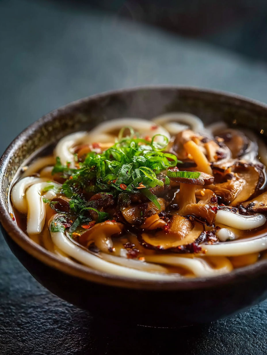 Eine Schüssel Suppe mit Pilzen und Nudeln.