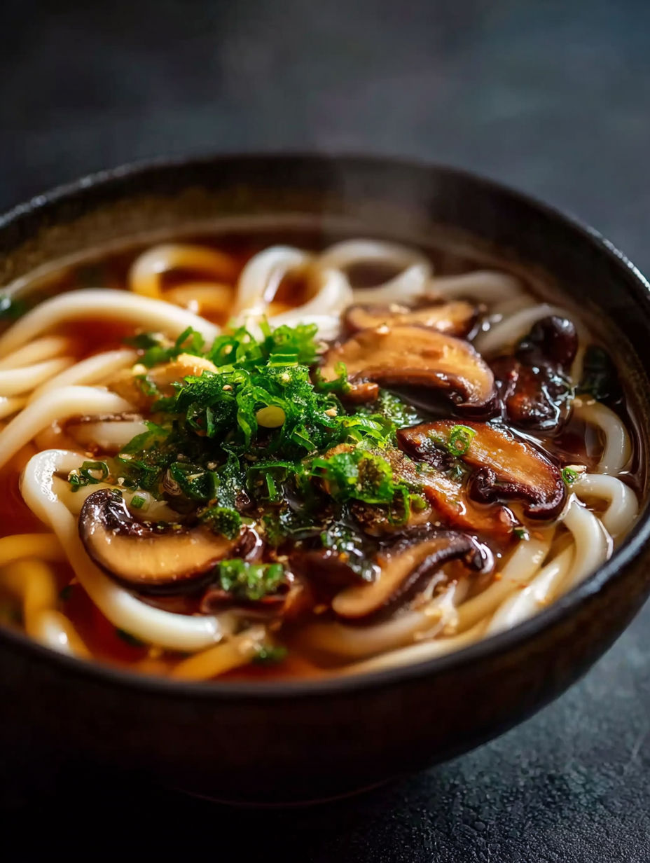 Eine Schüssel Suppe mit Pilzen und Nudeln.