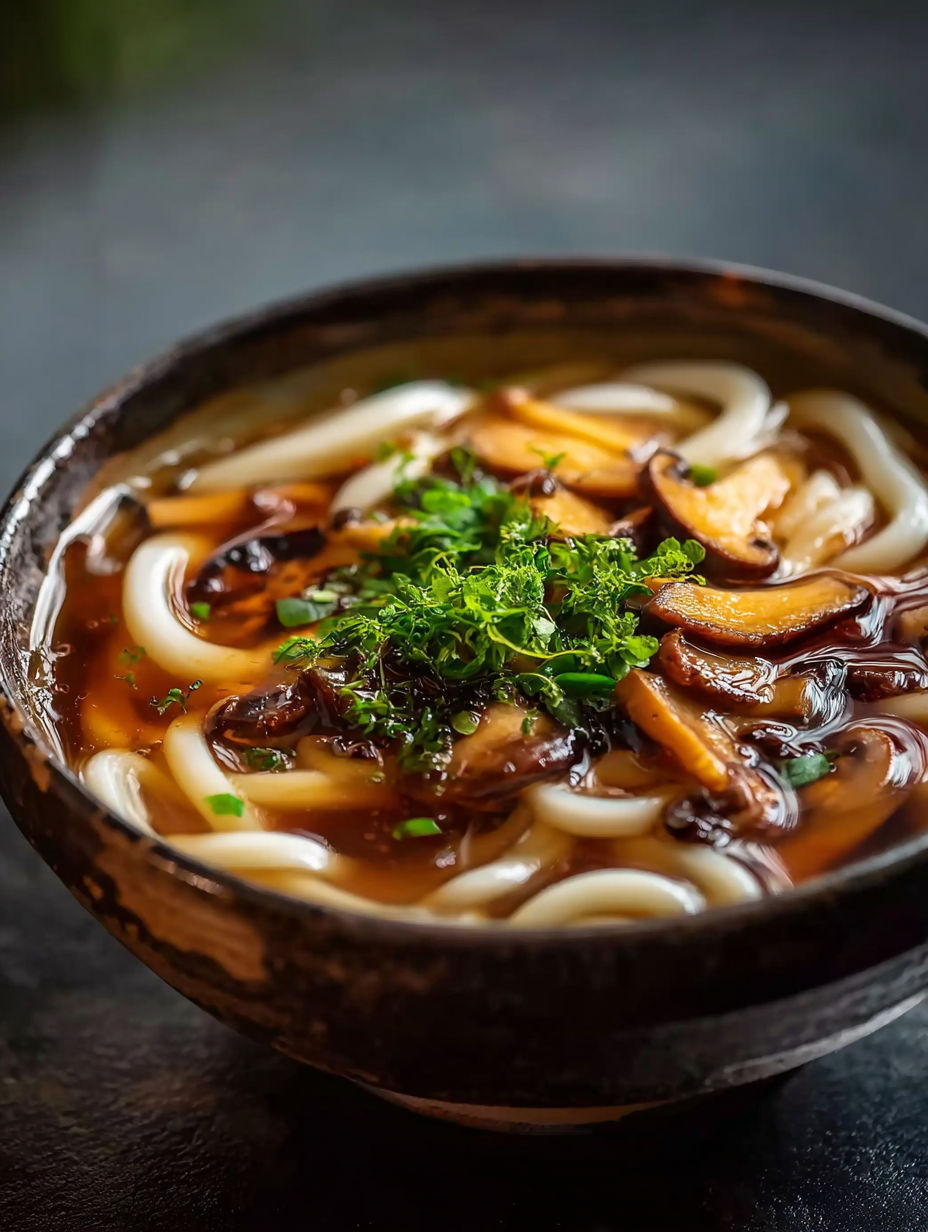Eine Schüssel Suppe mit Pilzen und Nudeln.