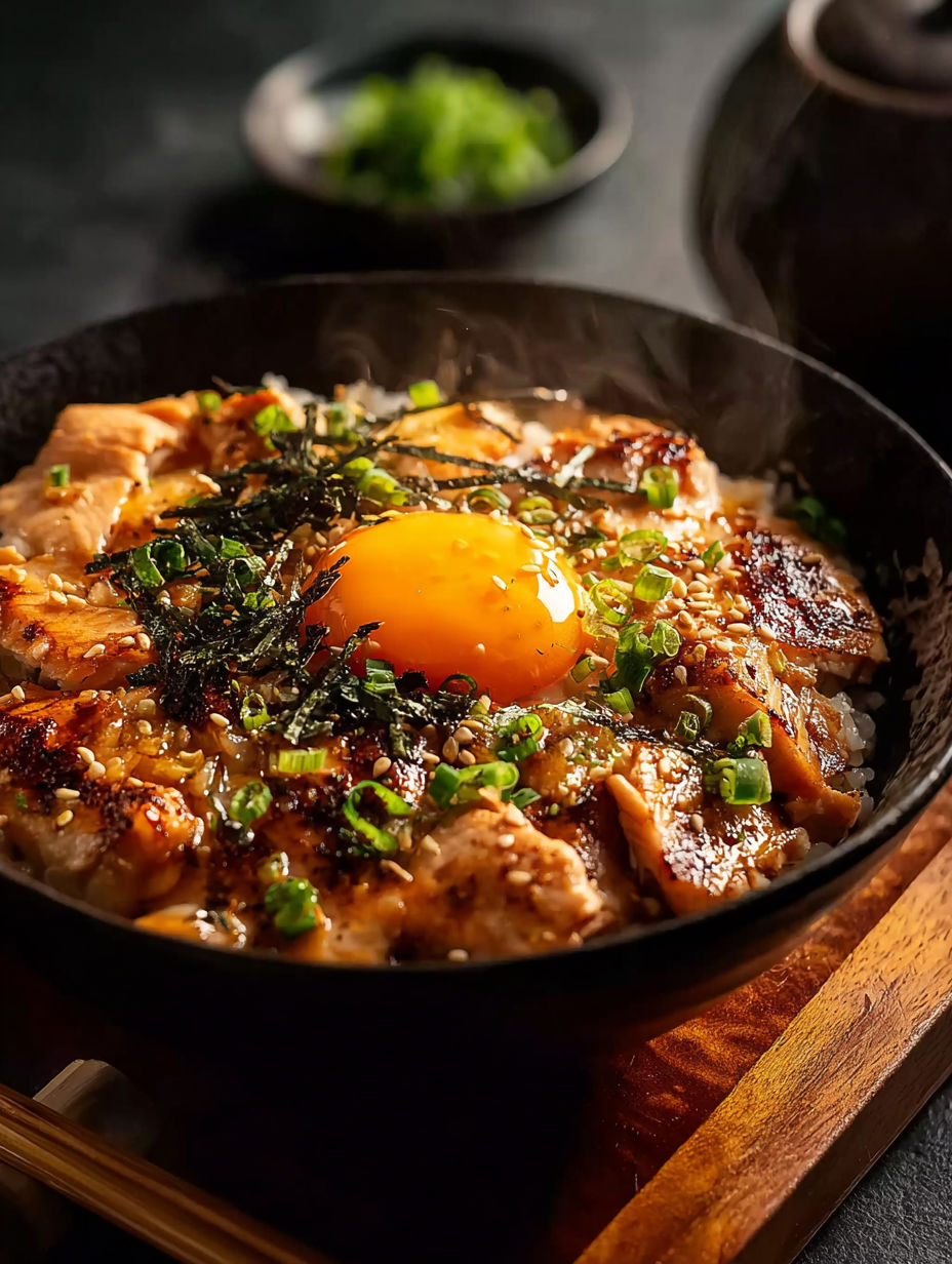 Eine Schüssel Oyakodon mit einem Spiegelei oben drauf.