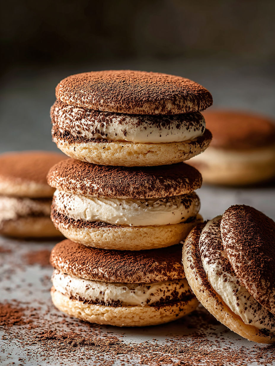 Tiramisu-Kekse auf einem Tisch gestapelt.