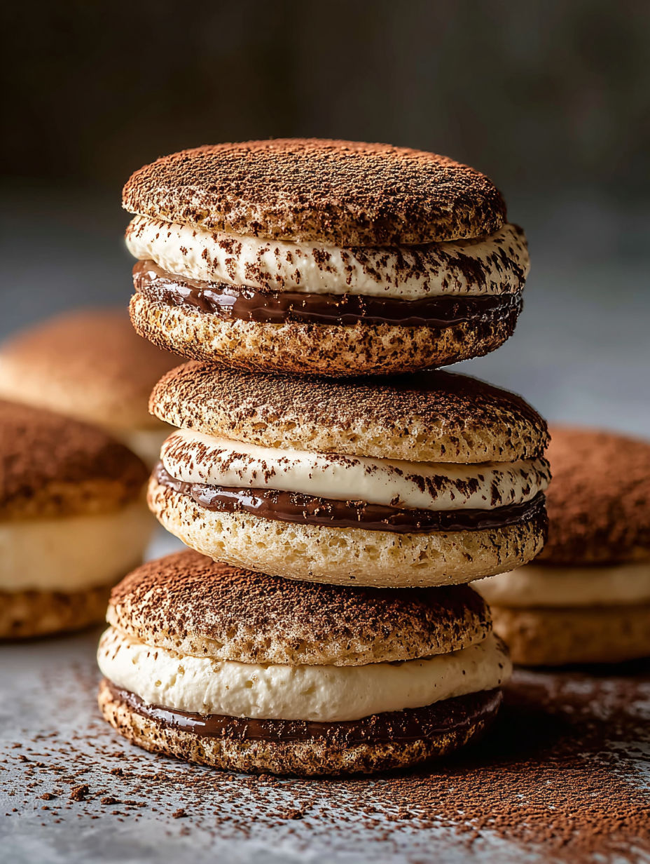 Tiramisu-Kekse aufeinander gestapelt.