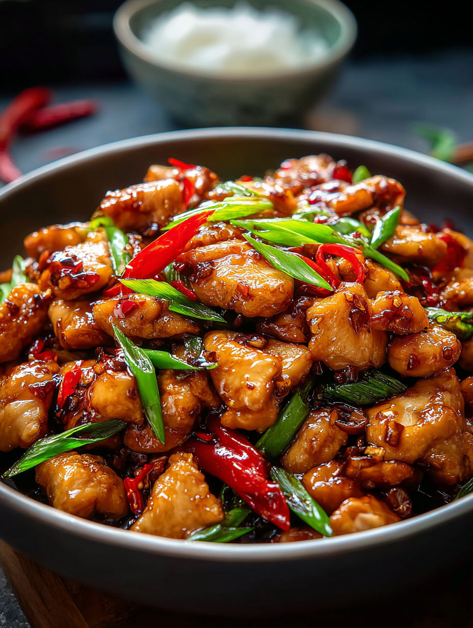 Eine Schüssel mit knusprigem chinesischem Knoblauch Huhn.