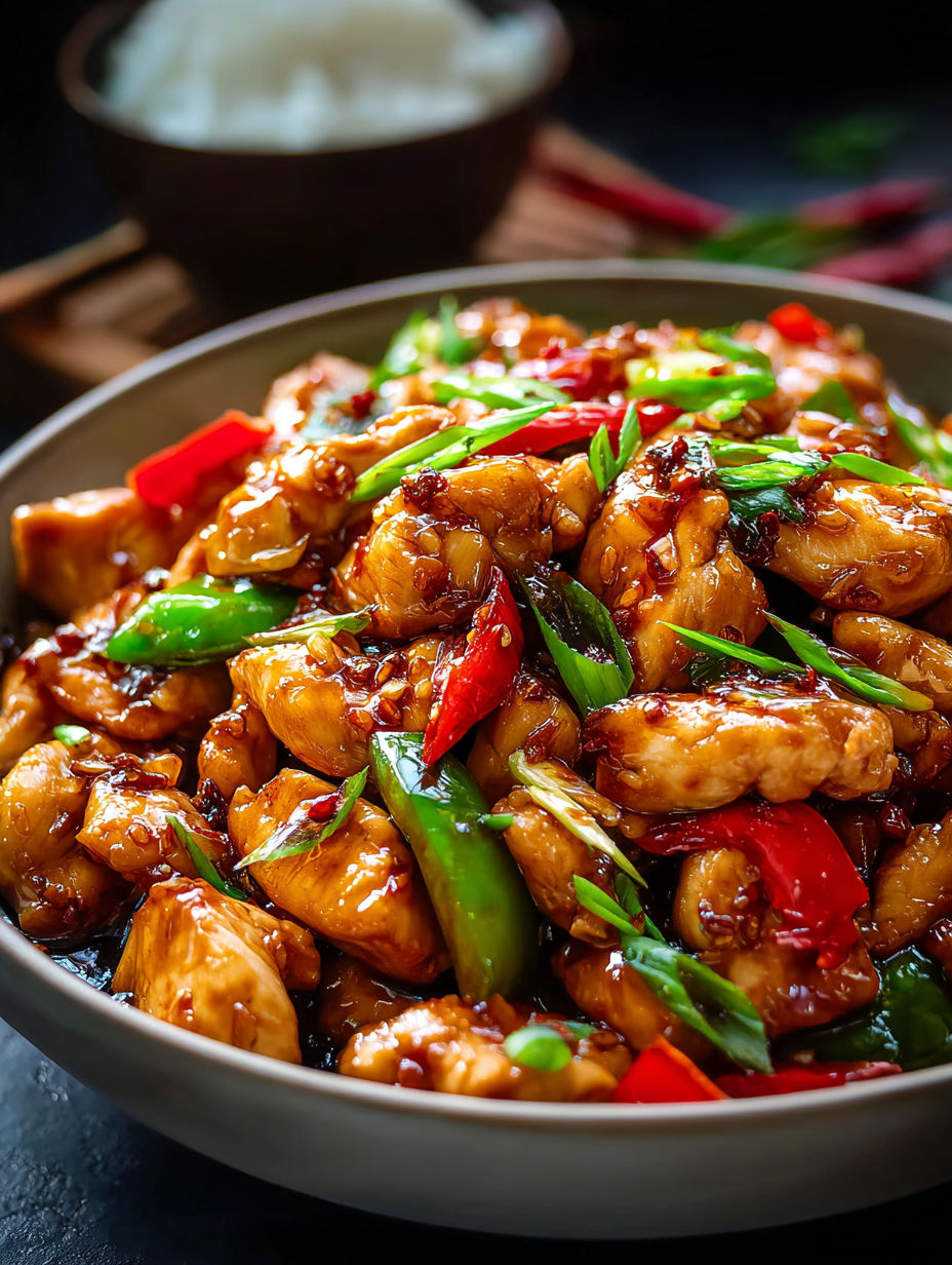 Eine Schüssel mit chinesischem Knoblauch-Hähnchen aus der Pfanne.