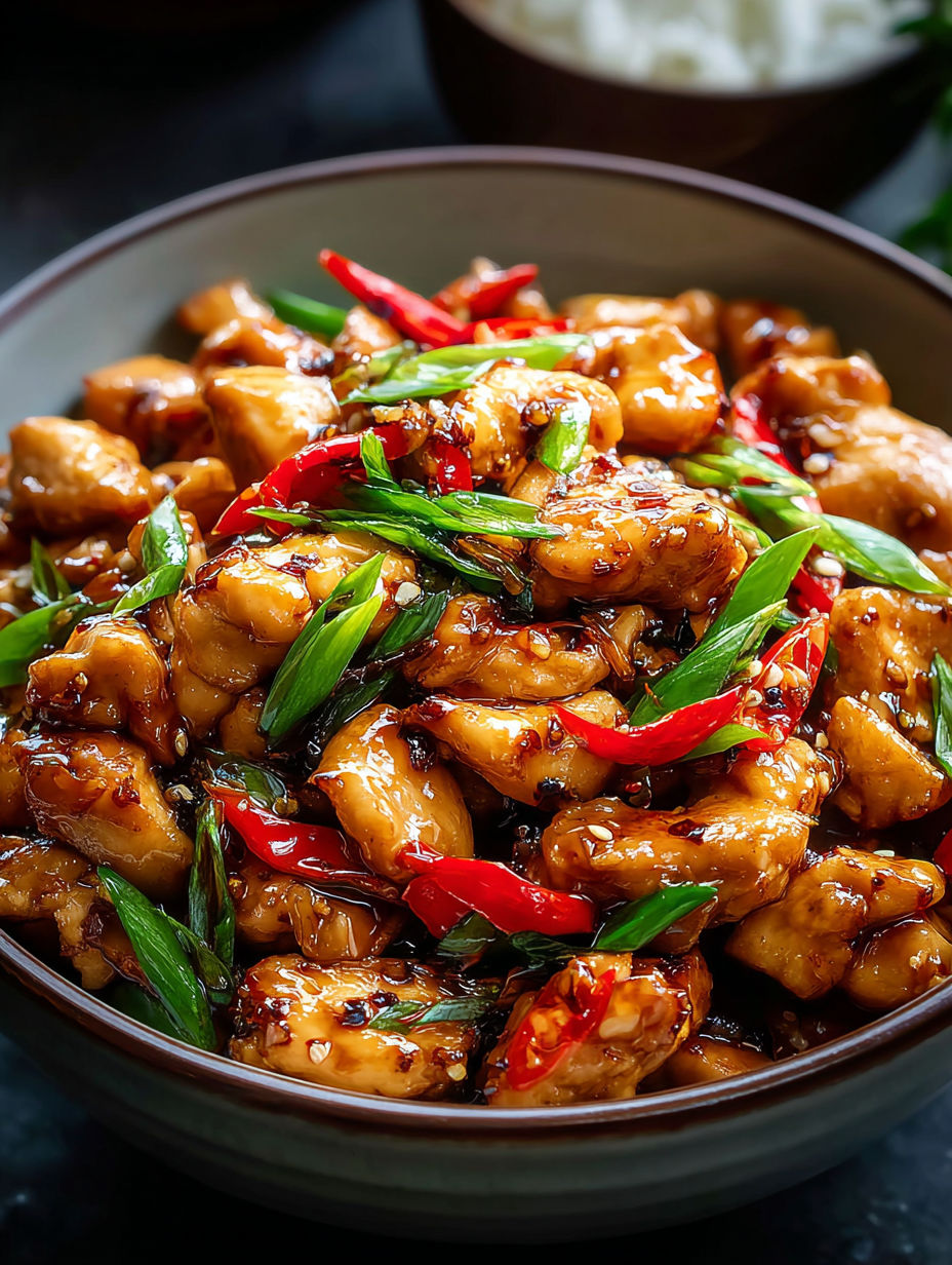 Eine Schüssel mit angebratenem Hähnchen, Paprika und Knoblauch.