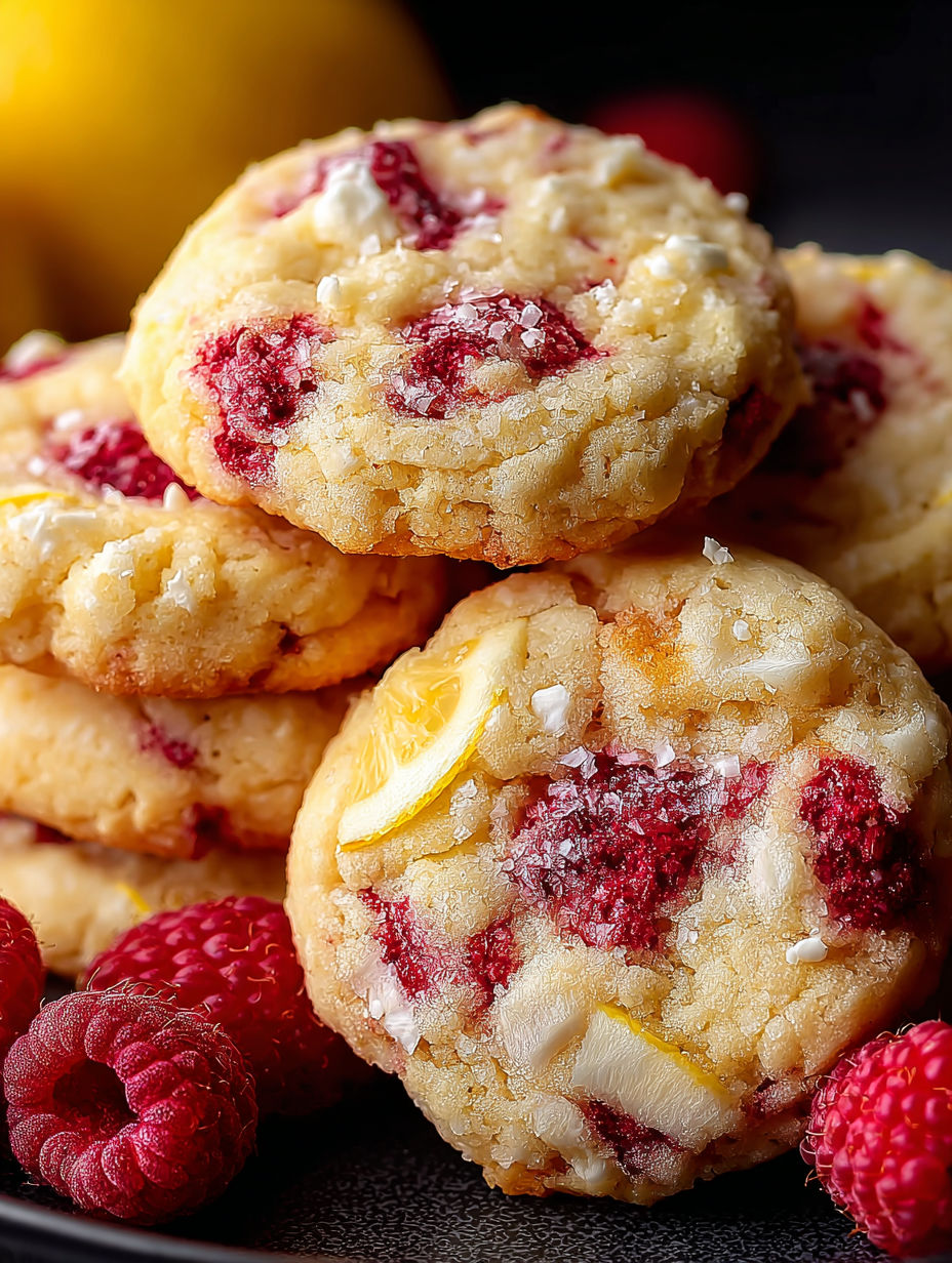 Ein Stapel Kekse mit Zitronen-Himbeer-Füllung.