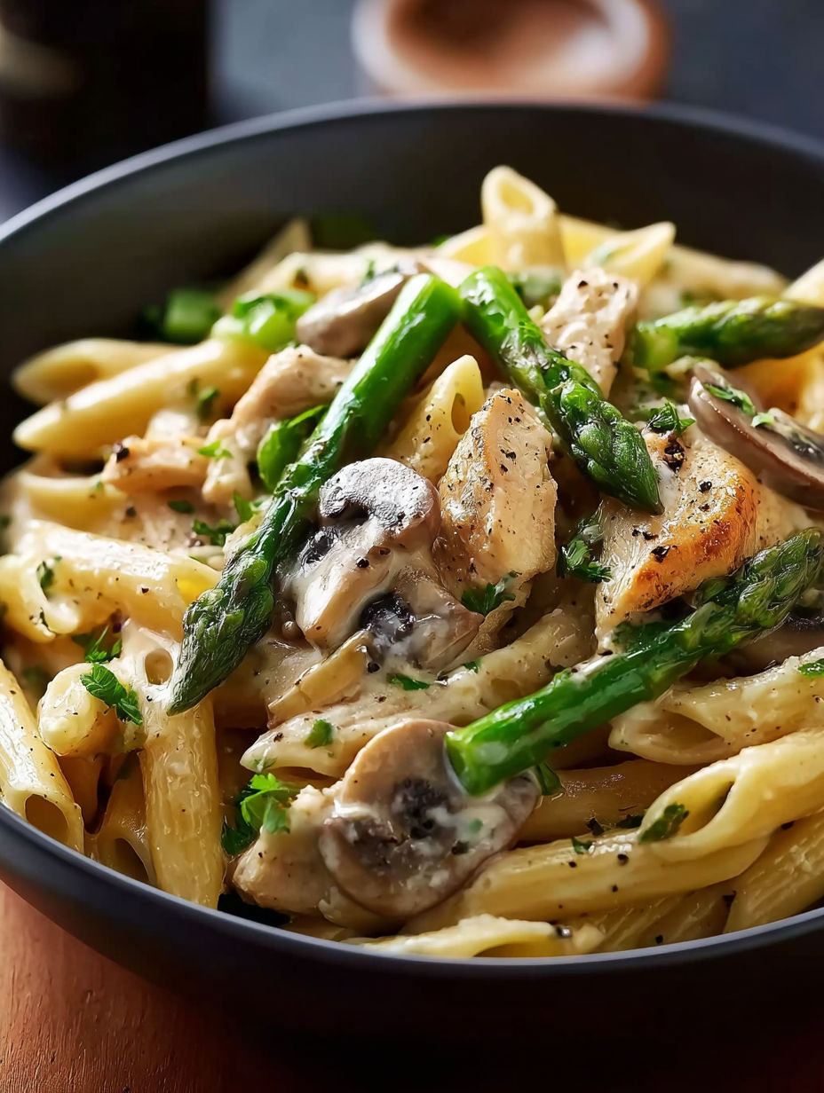 Eine Schüssel mit cremigen Spargel-Pilz-Hähnchen Penne.