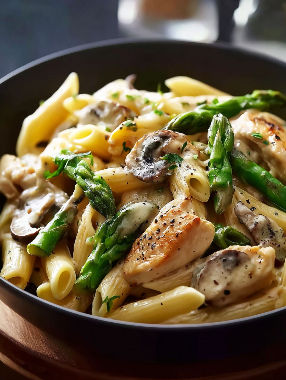 Eine Schale cremiger Penne mit Hühnchen, Pilzen und grünem Spargel.