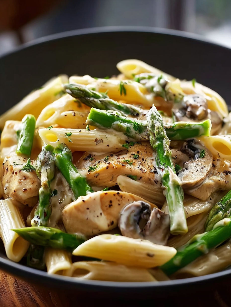 Eine Schale cremiger Penne mit Hühnchen, Pilzen und grünem Spargel.
