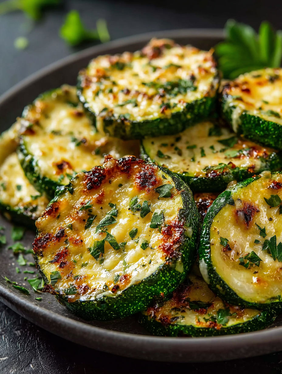Käsige Knoblauch-Zucchinisteaks auf einem Teller.
