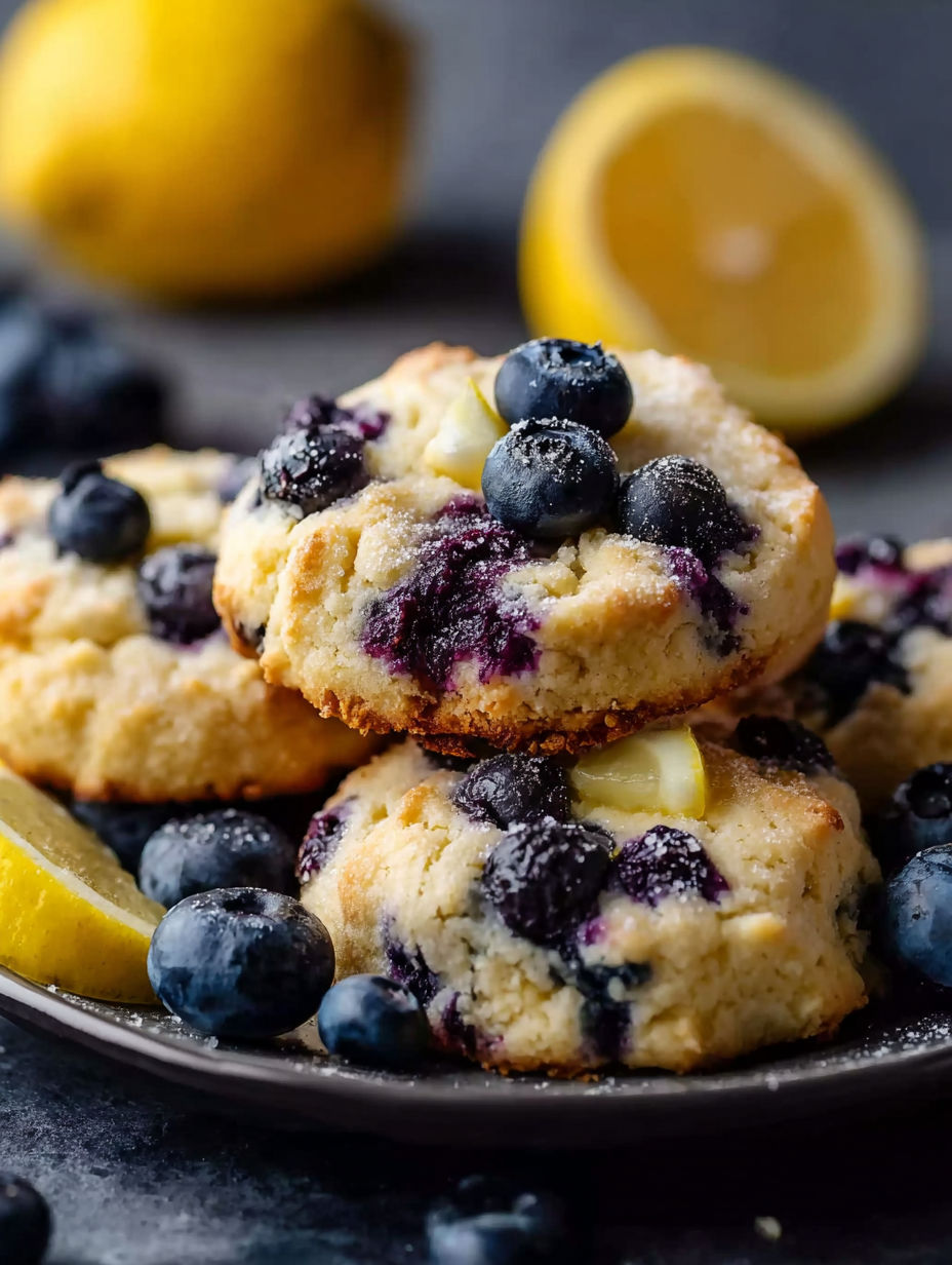 Ein Teller mit Blaubeer-Frischkäsekeksen und Zitronenscheiben oben drauf.