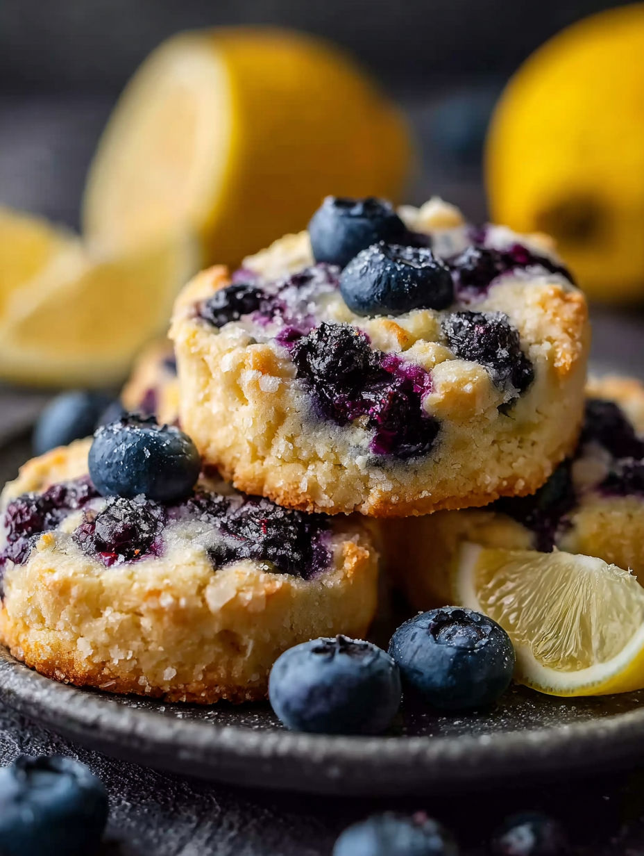 Ein Teller mit Blaubeer-Käsekuchen-Keksen und Zitronenscheiben.