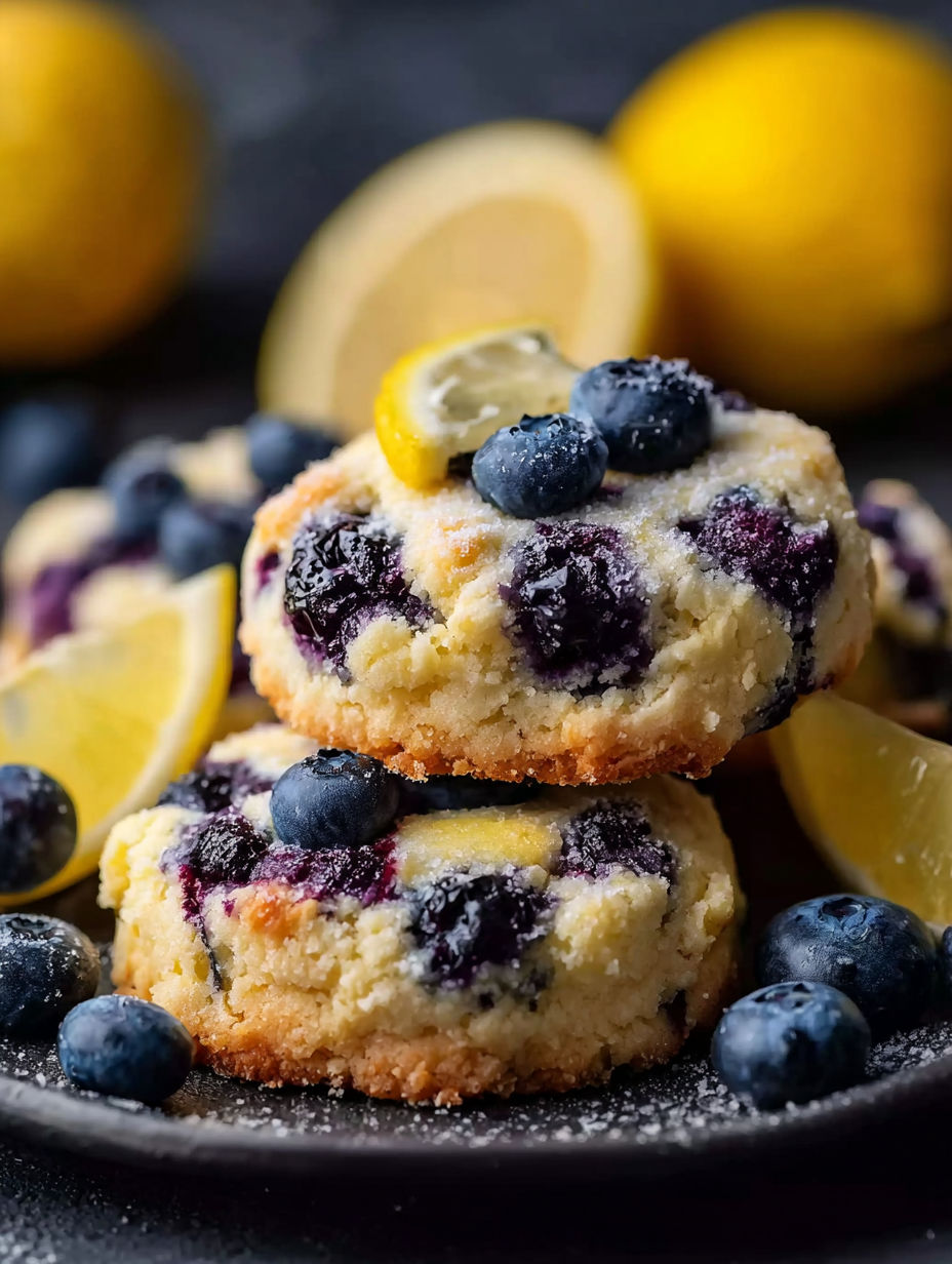 Ein Stapel Zitronen-Blaubeer-Käsekuchen-Kekse.