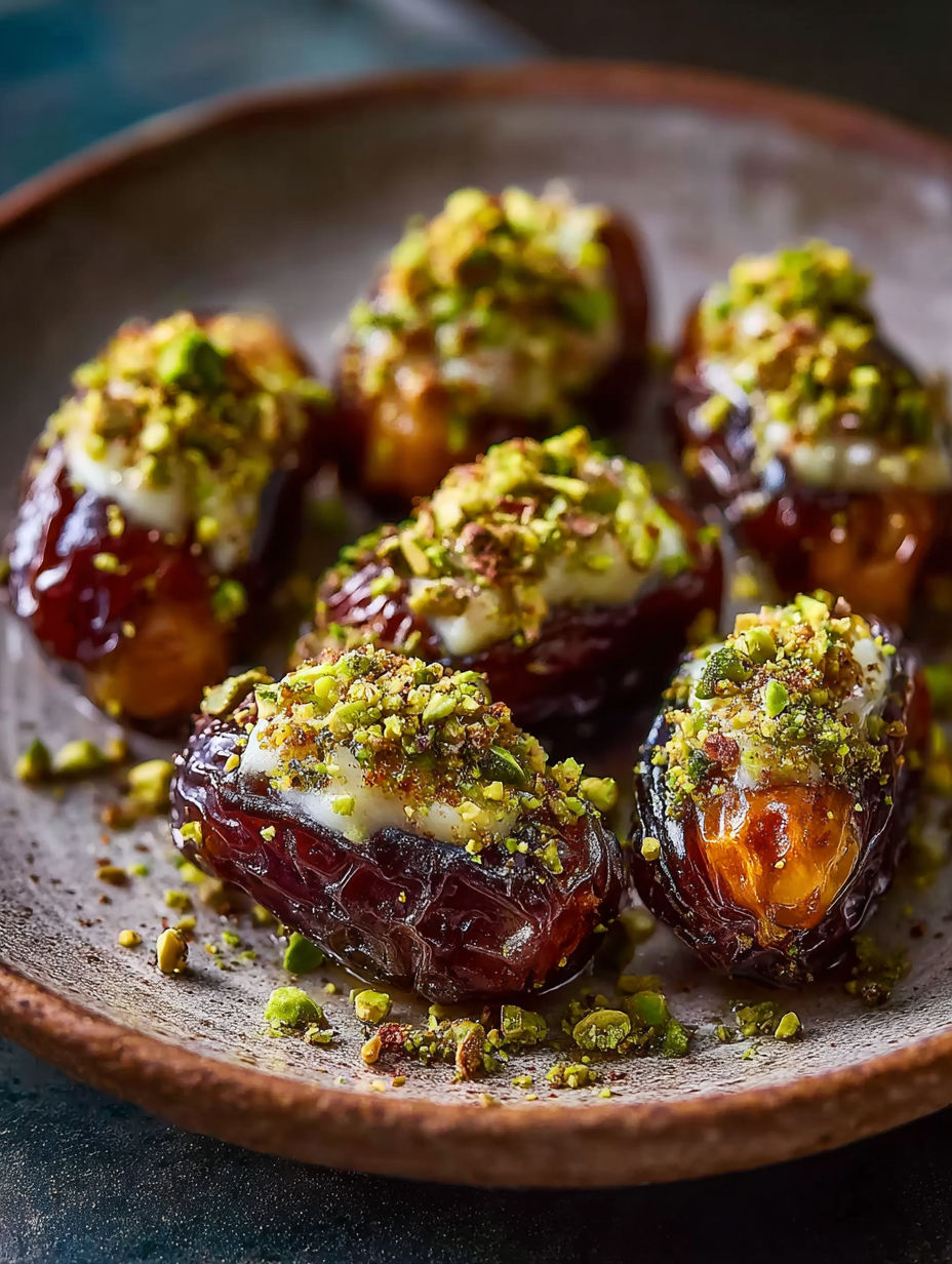Ein Teller mit Honig-Pistazien-Ricotta gefüllten Datteln.