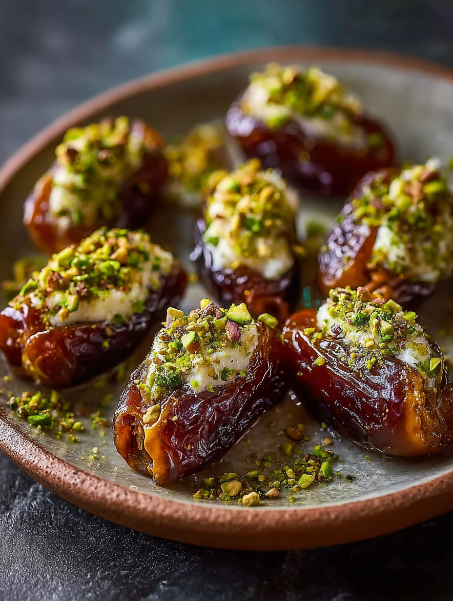 Honig-Pistazien-Ricotta gefüllte Datteln auf einem Teller.