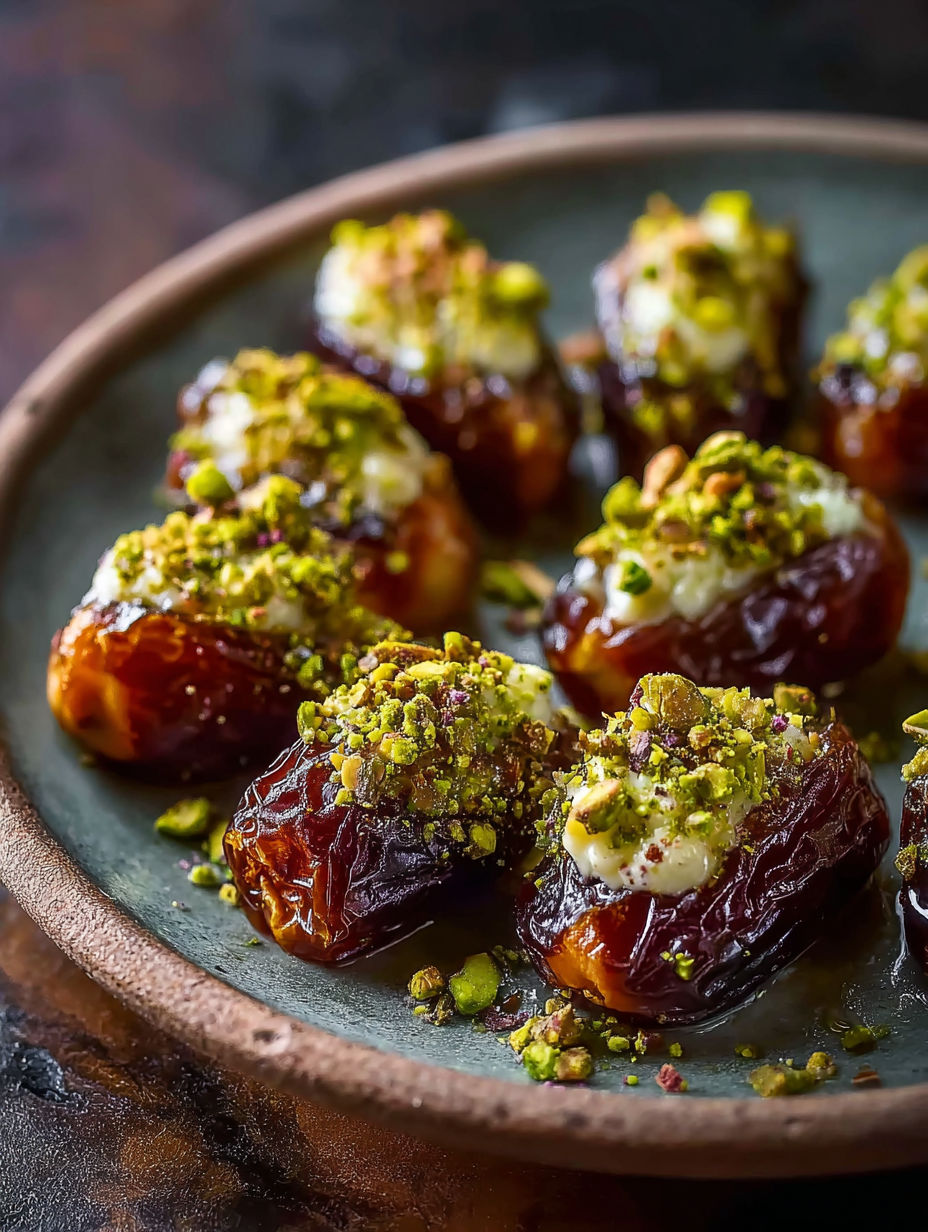 Honig-Pistazien-Ricotta gefüllte Datteln auf einem Teller.