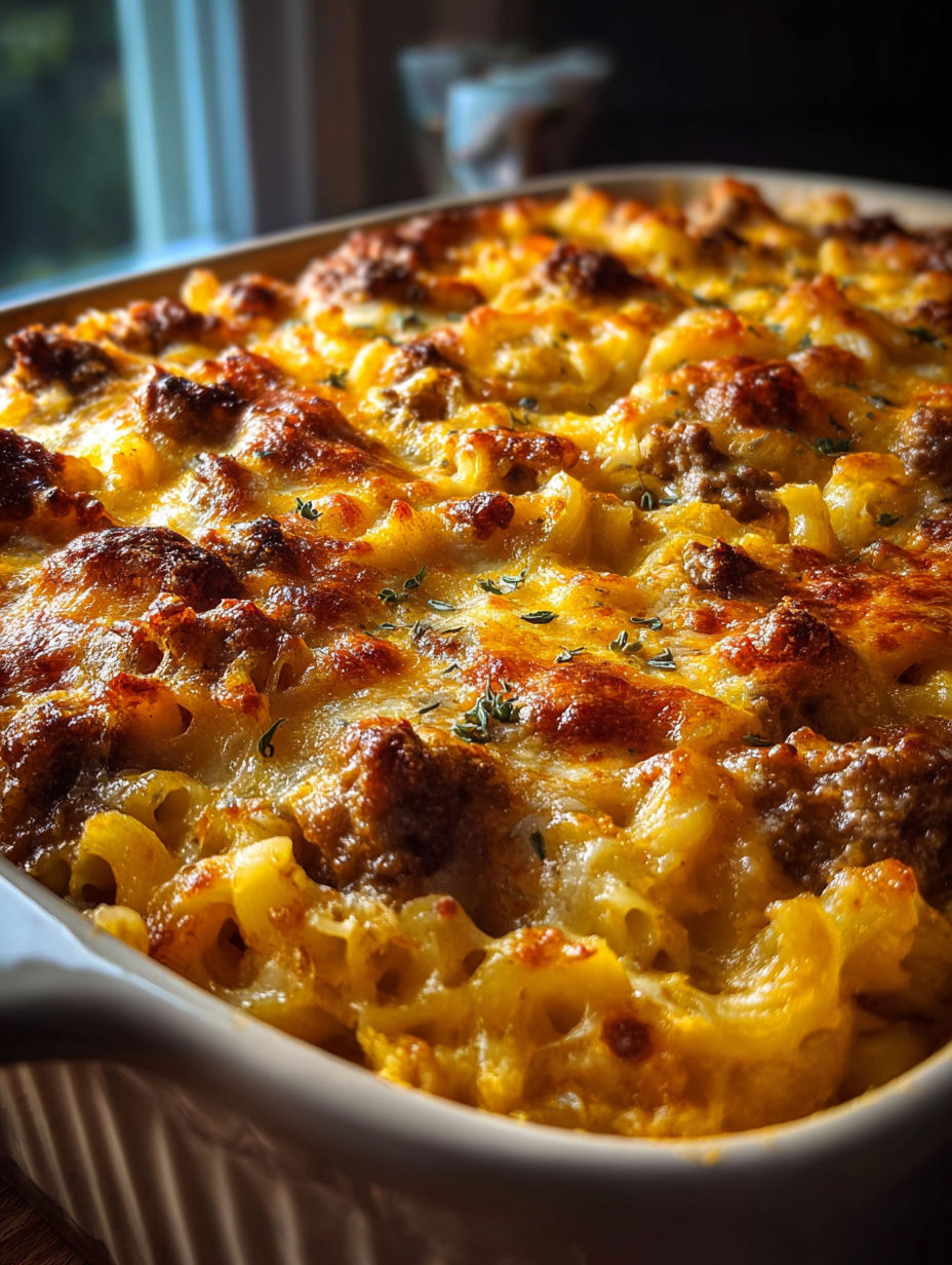 Auflaufform voll mit Hack und Käse.