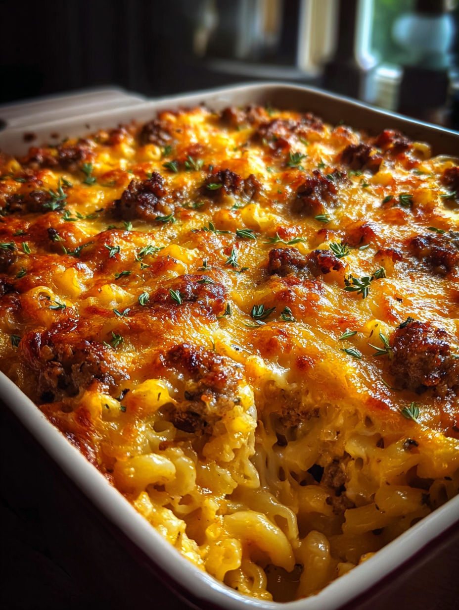 Ein Teller mit herzhaftem Sonntagsauflauf.