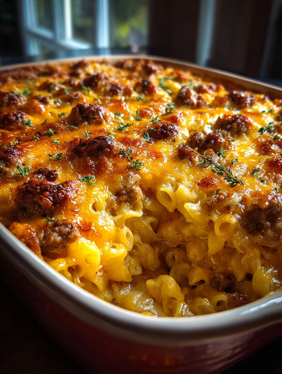 Ein Teller mit herzhaftem Sonntagsauflauf.