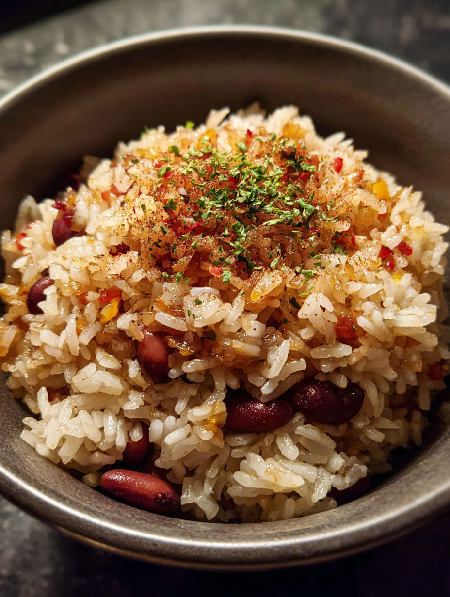 Schüssel mit Reis, Bohnen und Gewürzen.