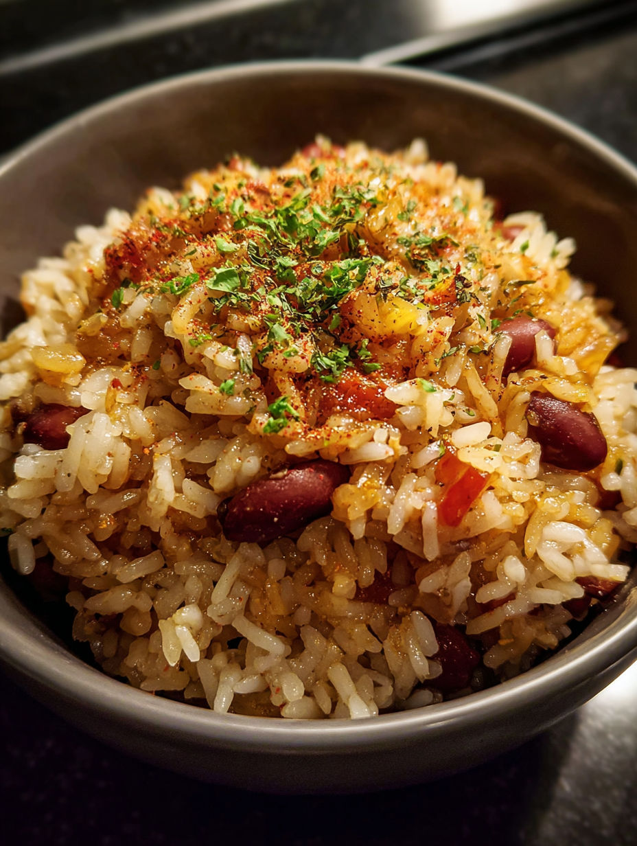 Eine Schale Reis mit Bohnen und Gewürzen.