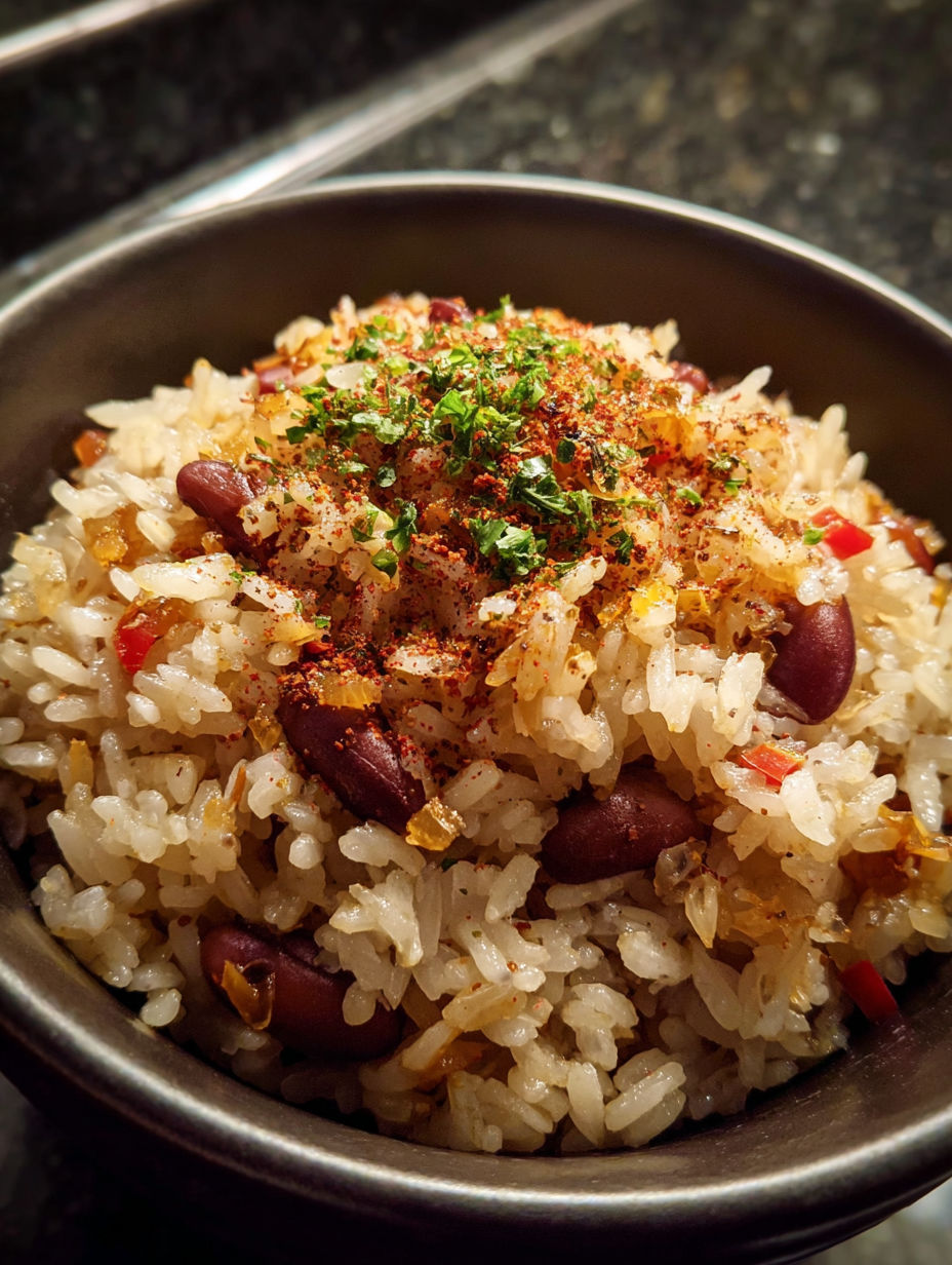 Eine Schale Reis mit Bohnen und Gewürzen.
