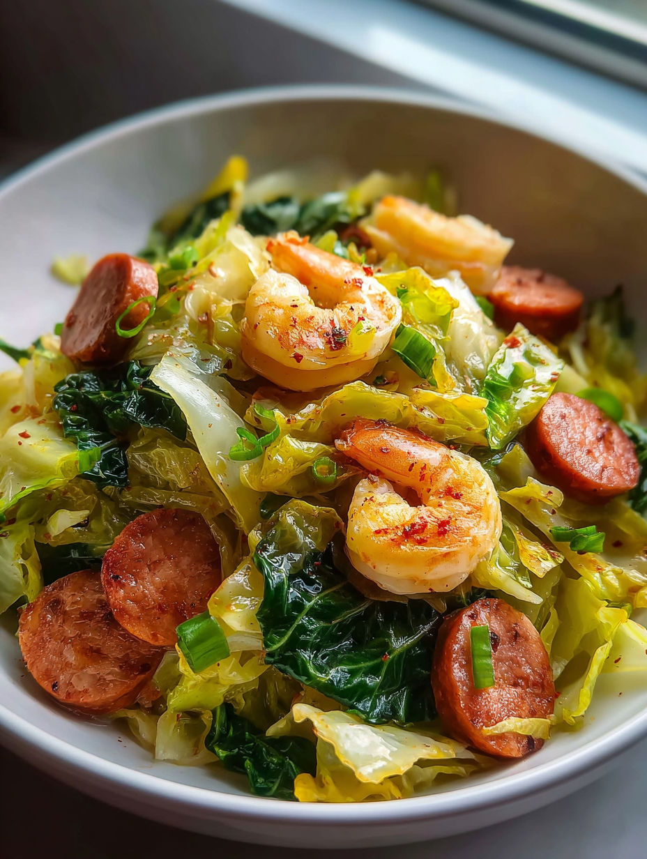 Eine Schale Essen mit Garnelen, Wurst und Kohl.