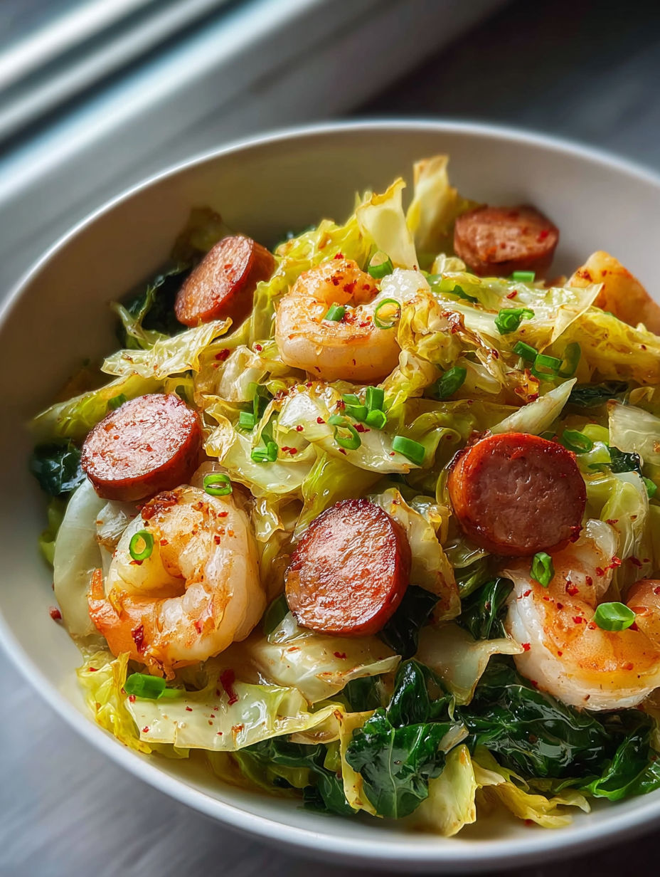 Eine Schale Essen mit Garnelen, Wurst und Kohl.