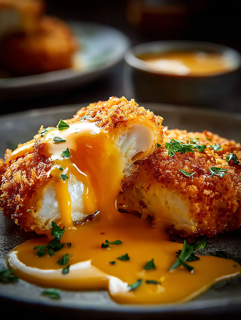 Ein Stück knuspriges Käse-Hähnchen mit Sauce.